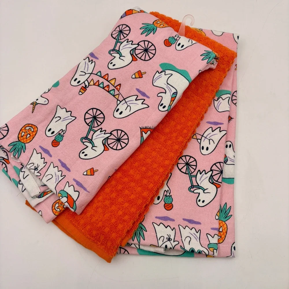 Isaac Mizrahi Summerween Halloween Ghost Kitchen Towels Set Pink‎ Orange Cotton